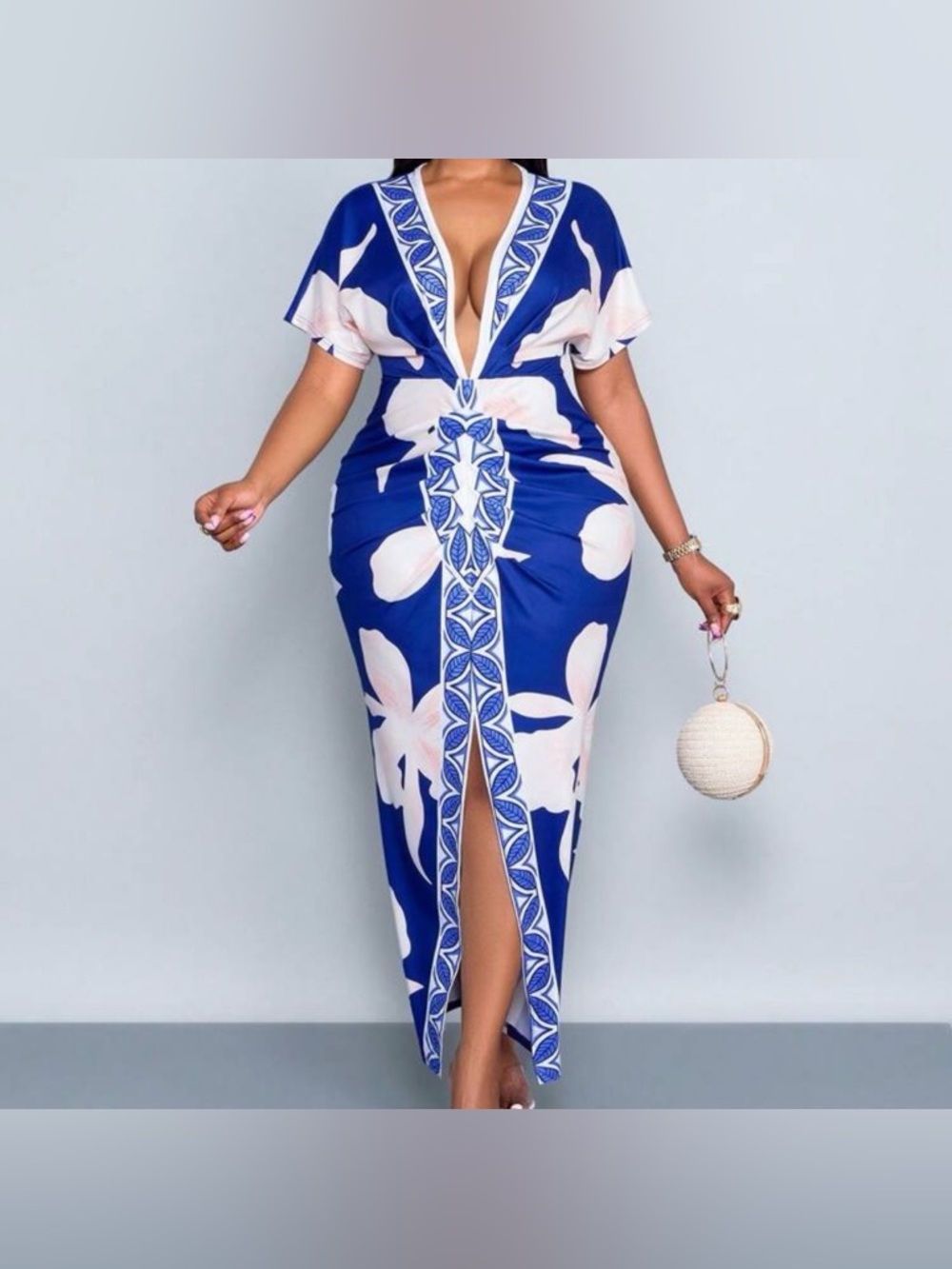 🆕 NEW Without Tags Blue & Pink Floral Deep V Maxi Dress - 3XL